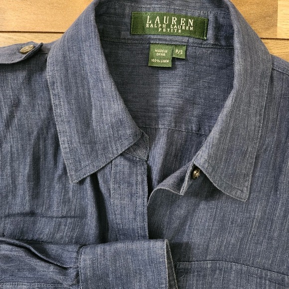 Lauren Ralph Lauren Tops - Lauren Ralph Lauren Denim Chambray Shirt Linen Shoulder Epaulets Petite Small